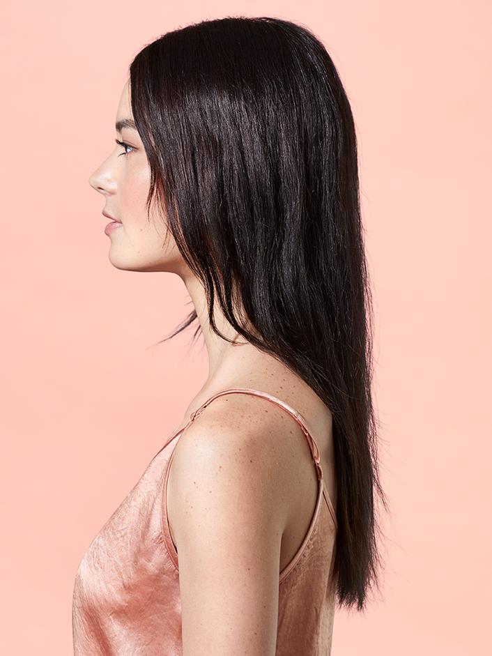 Side profile look of hair before product use